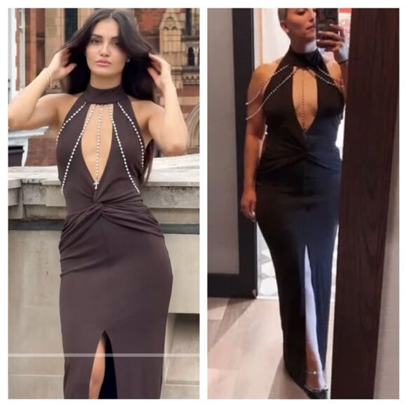 Loba Maxi Dress Debora Pearl Brown Halter Beaded Wedding Guest size S - Picture 2 of 9